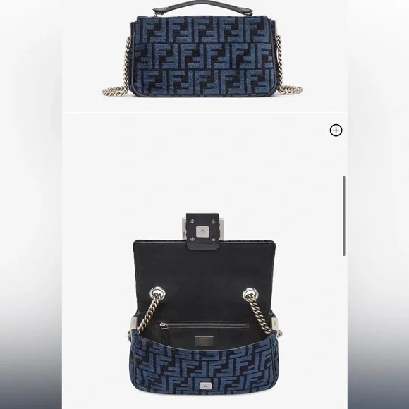 NEW Fendi Baguette Chain Midi Dark blue black FF tapestry bag silver hardware - Picture 14 of 15